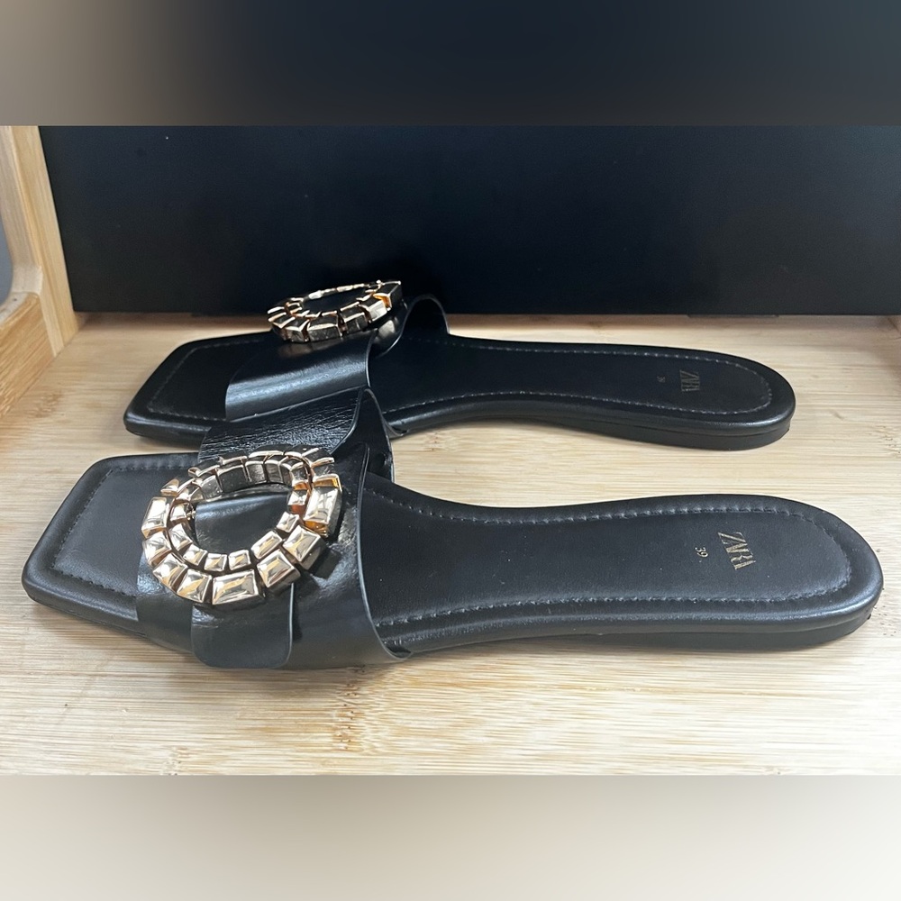 Zara Black Slide Sandals with Gold Circle Embellishment – Size 39 (US 8.5/9) - Picture 3 of 6